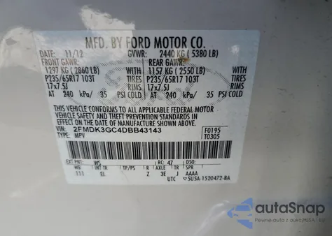 2013 Ford Edge Se из США, поврежденный, VIN 2FMDK3GC4DBB43143